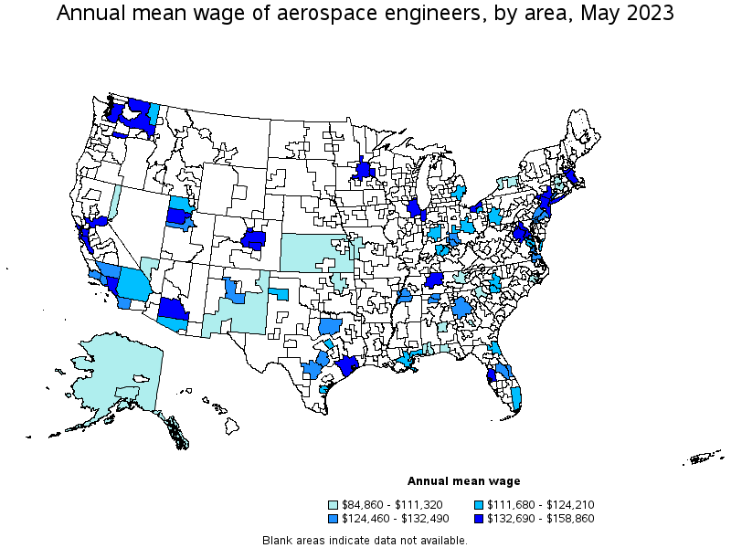 Map of annual mean wages of aerospace engineers by area, May 2022
