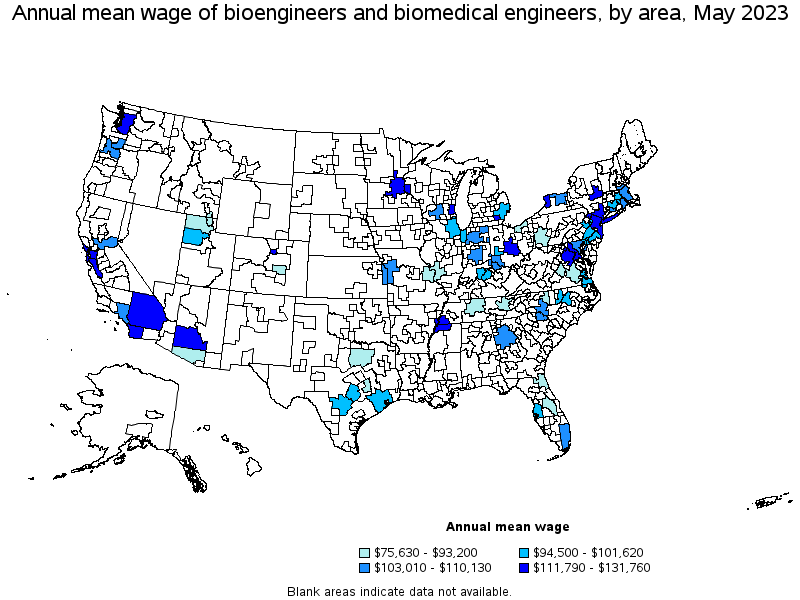 Map of annual mean wages of bioengineers and biomedical engineers by area, May 2022