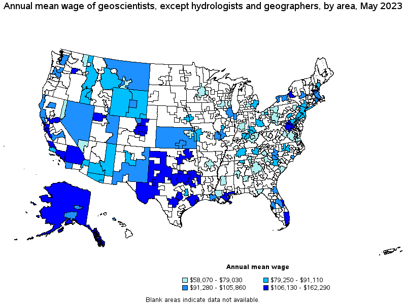 Map of annual mean wages of geoscientists, except hydrologists and geographers by area, May 2022