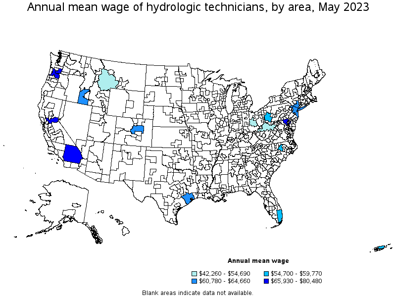 Map of annual mean wages of hydrologic technicians by area, May 2022