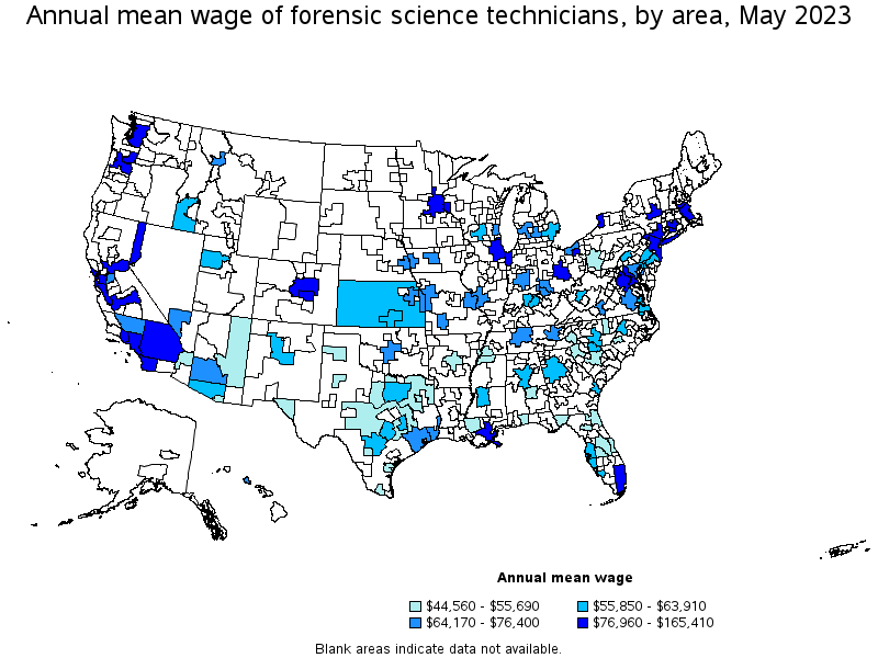 Map of annual mean wages of forensic science technicians by area, May 2021