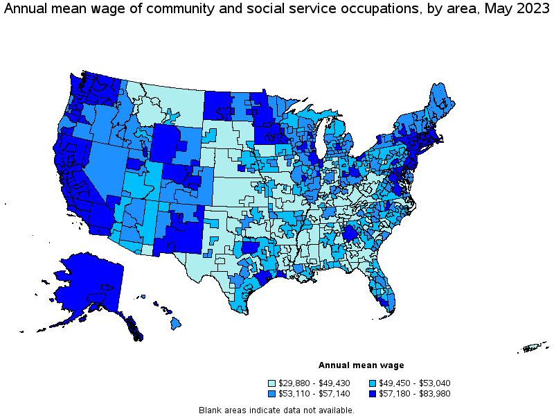 Map of annual mean wages of community and social service occupations by area, May 2023
