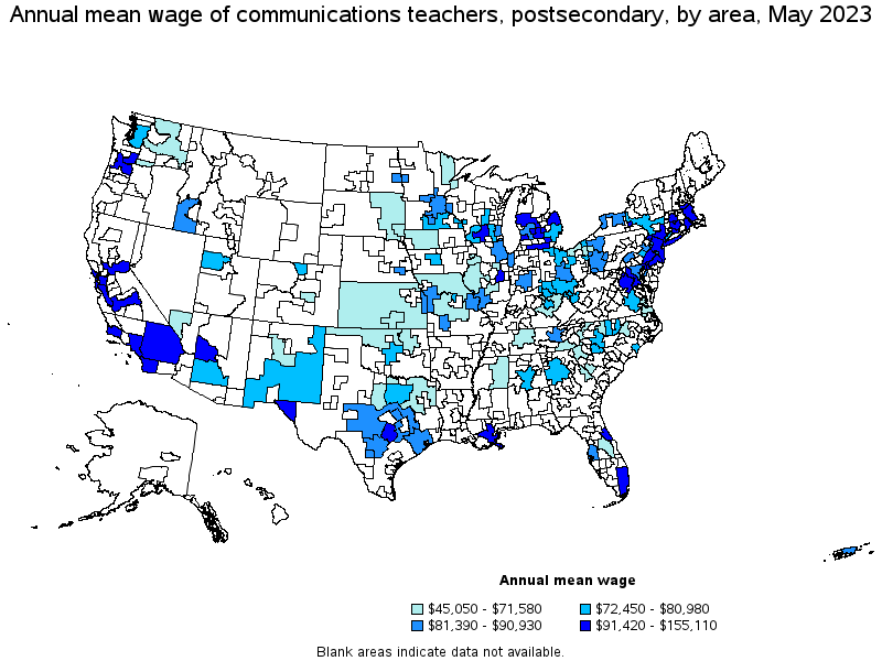 Map of annual mean wages of communications teachers, postsecondary by area, May 2022