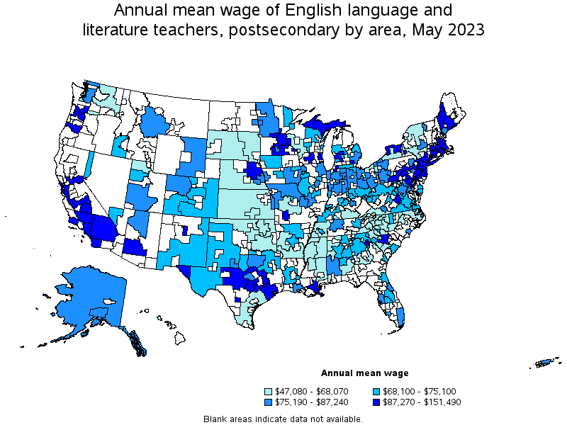 Map of annual mean wages of english language and literature teachers, postsecondary by area, May 2022