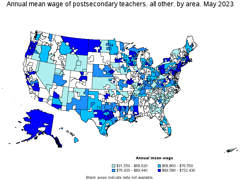 Map of annual mean wages of postsecondary teachers, all other by area, May 2021