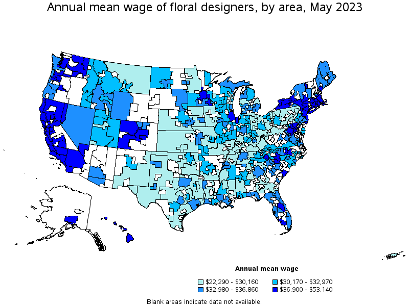 Map of annual mean wages of floral designers by area, May 2022