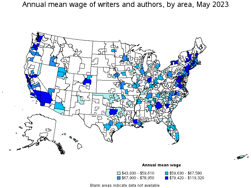 Map of annual mean wages of writers and authors by area, May 2022