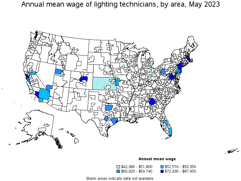 Map of annual mean wages of lighting technicians by area, May 2021