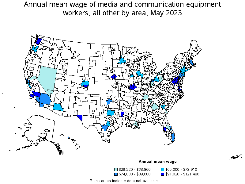 Map of annual mean wages of media and communication equipment workers, all other by area, May 2022
