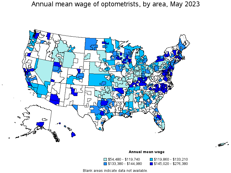 Map of annual mean wages of optometrists by area, May 2021