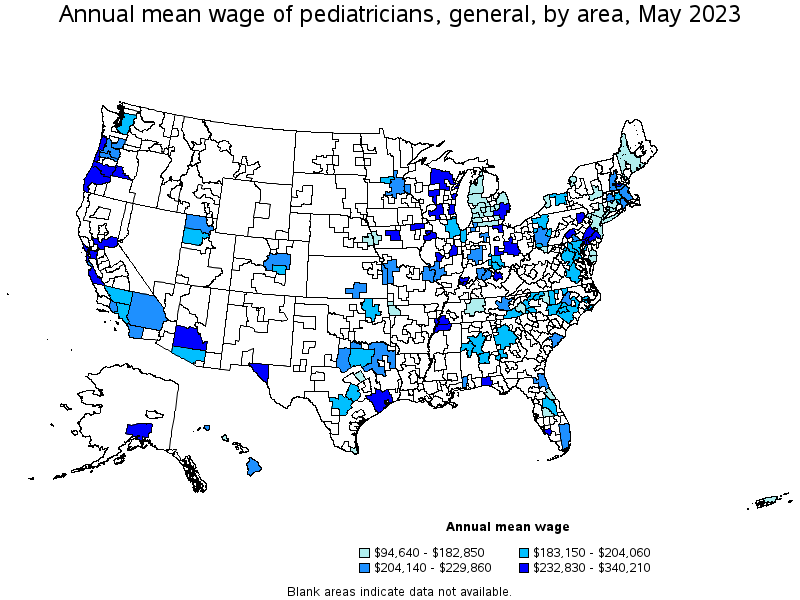 Map of annual mean wages of pediatricians, general by area, May 2021