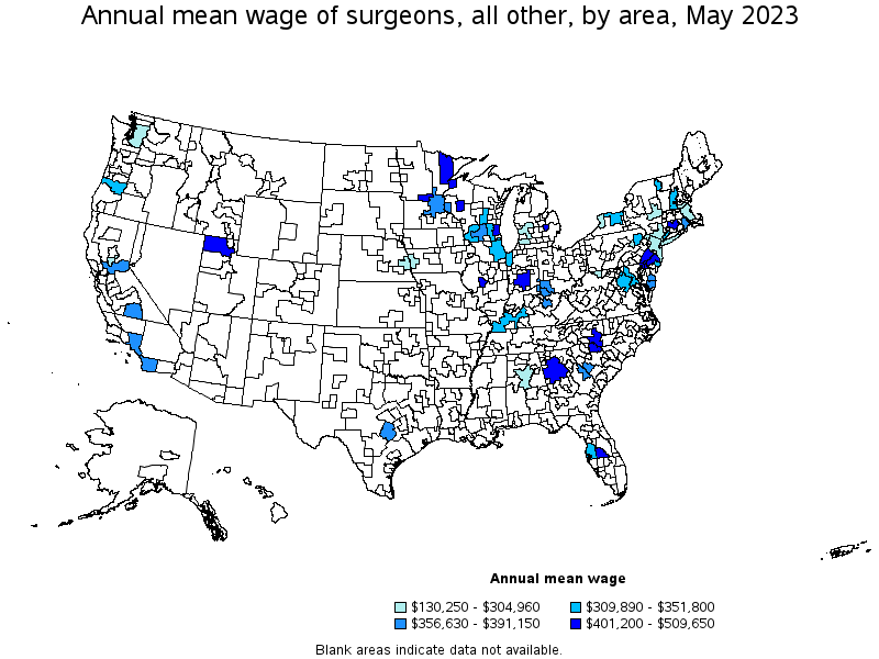 Map of annual mean wages of surgeons, all other by area, May 2022