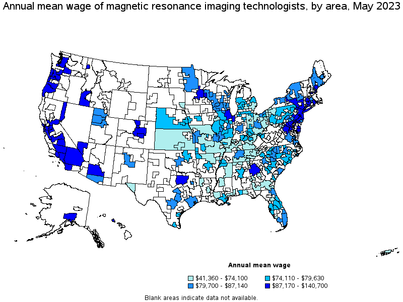 Map of annual mean wages of magnetic resonance imaging technologists by area, May 2021