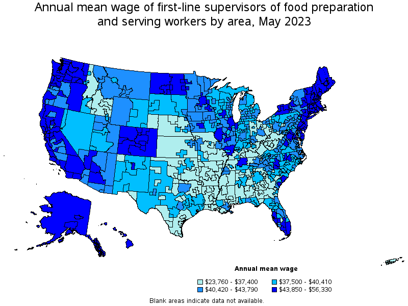 Map of annual mean wages of first-line supervisors of food preparation and serving workers by area, May 2023