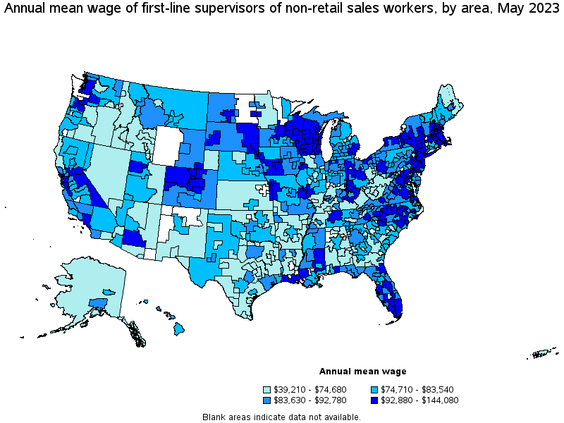 Map of annual mean wages of first-line supervisors of non-retail sales workers by area, May 2023