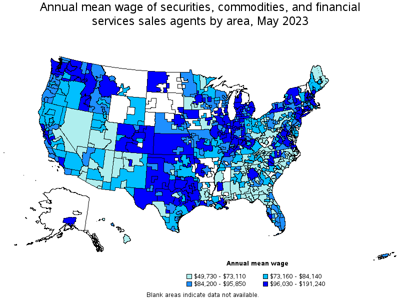 Map of annual mean wages of securities, commodities, and financial services sales agents by area, May 2023