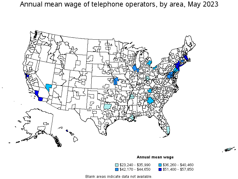 Map of annual mean wages of telephone operators by area, May 2022