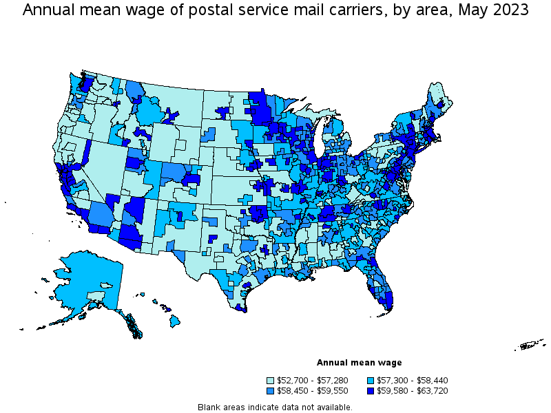 Map of annual mean wages of postal service mail carriers by area, May 2023