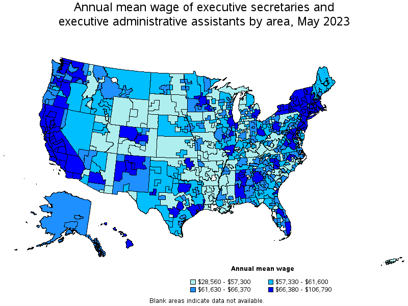 Map of annual mean wages of executive secretaries and executive administrative assistants by area, May 2023