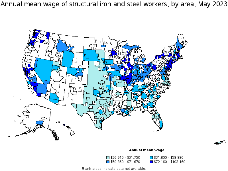 Map of annual mean wages of structural iron and steel workers by area, May 2021