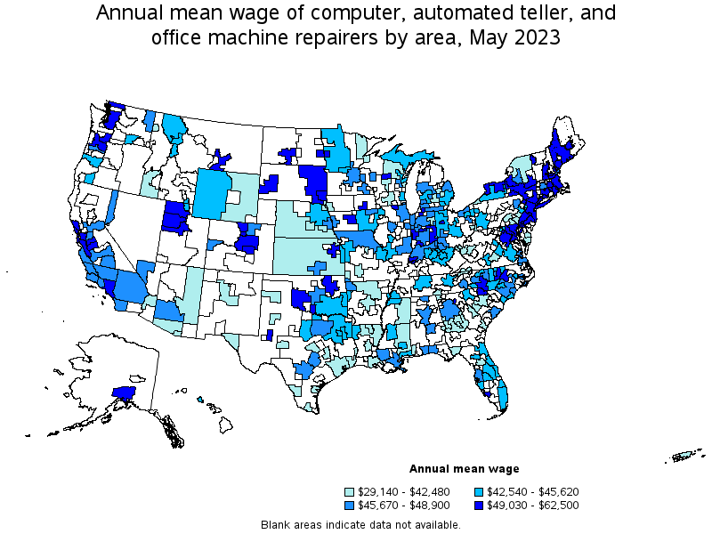 Map of annual mean wages of computer, automated teller, and office machine repairers by area, May 2021