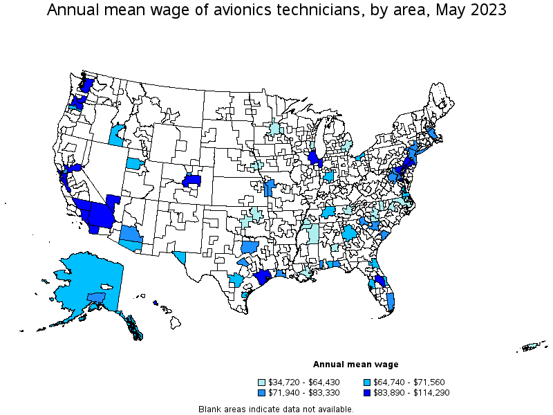 Map of annual mean wages of avionics technicians by area, May 2022