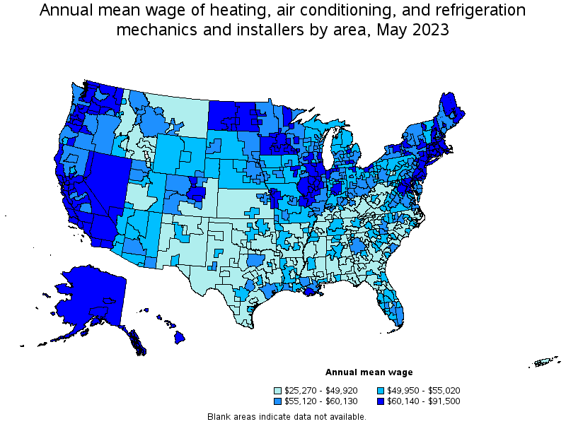 Map of annual mean wages of heating, air conditioning, and refrigeration mechanics and installers by area, May 2023