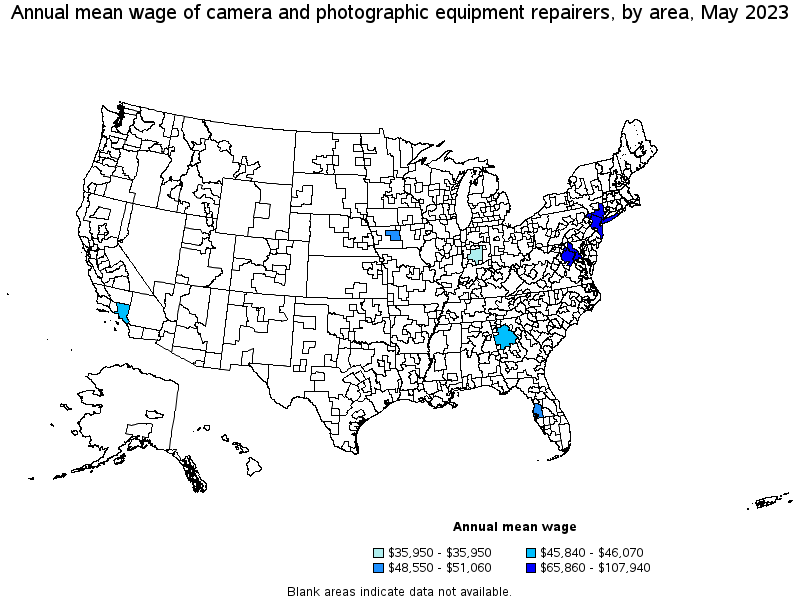 Map of annual mean wages of camera and photographic equipment repairers by area, May 2021