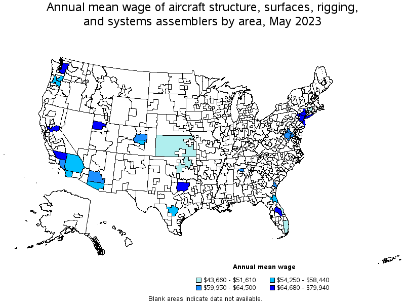 Map of annual mean wages of aircraft structure, surfaces, rigging, and systems assemblers by area, May 2021