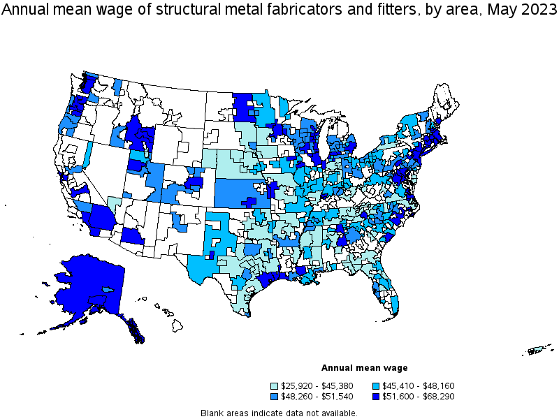 Map of annual mean wages of structural metal fabricators and fitters by area, May 2021