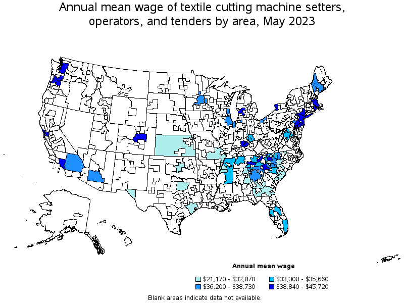 Map of annual mean wages of textile cutting machine setters, operators, and tenders by area, May 2021