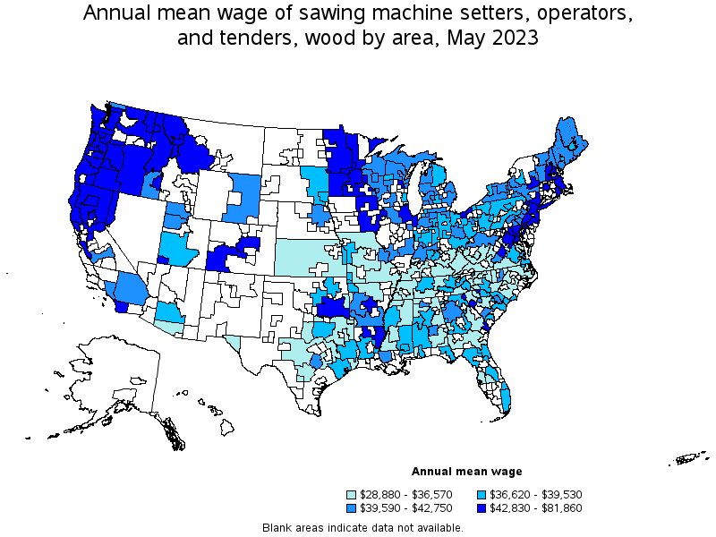 Map of annual mean wages of sawing machine setters, operators, and tenders, wood by area, May 2021