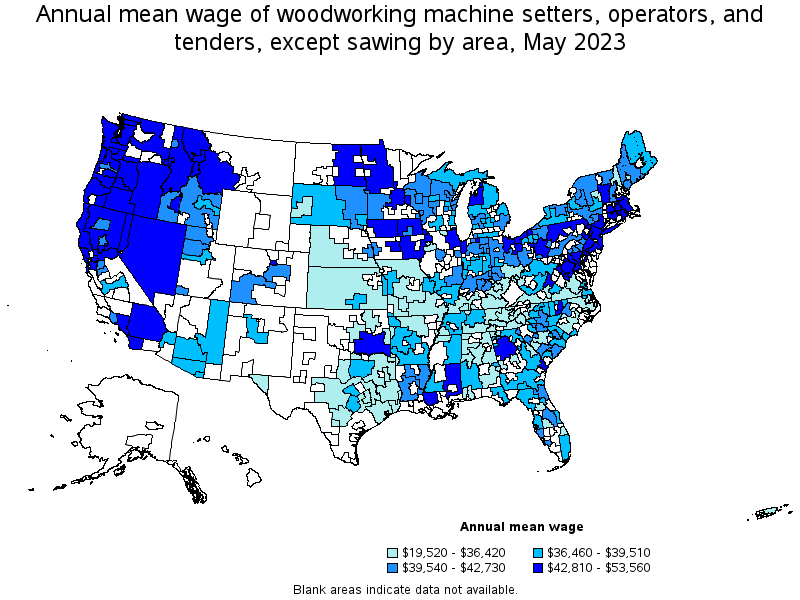 Map of annual mean wages of woodworking machine setters, operators, and tenders, except sawing by area, May 2022