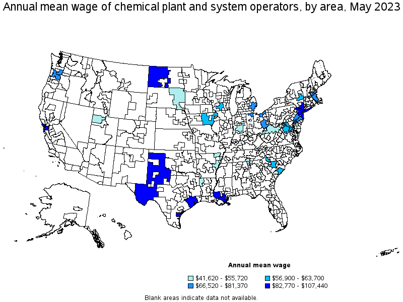 Map of annual mean wages of chemical plant and system operators by area, May 2021