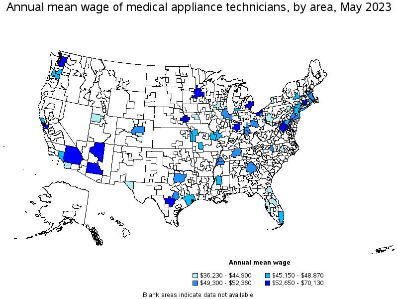 Map of annual mean wages of medical appliance technicians by area, May 2021