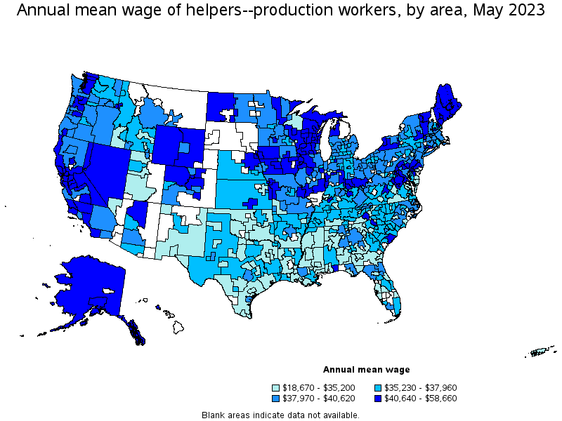 Map of annual mean wages of helpers--production workers by area, May 2023