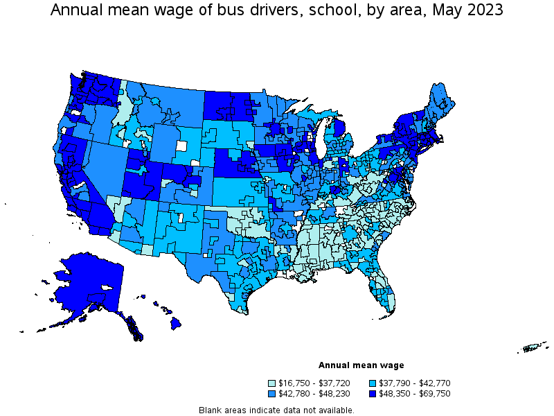 Map of annual mean wages of bus drivers, school by area, May 2023