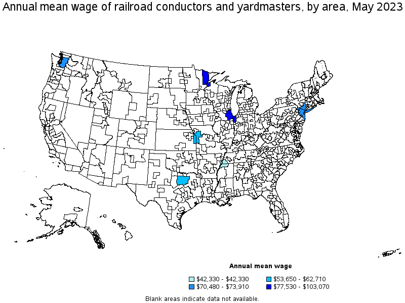 Map of annual mean wages of railroad conductors and yardmasters by area, May 2021