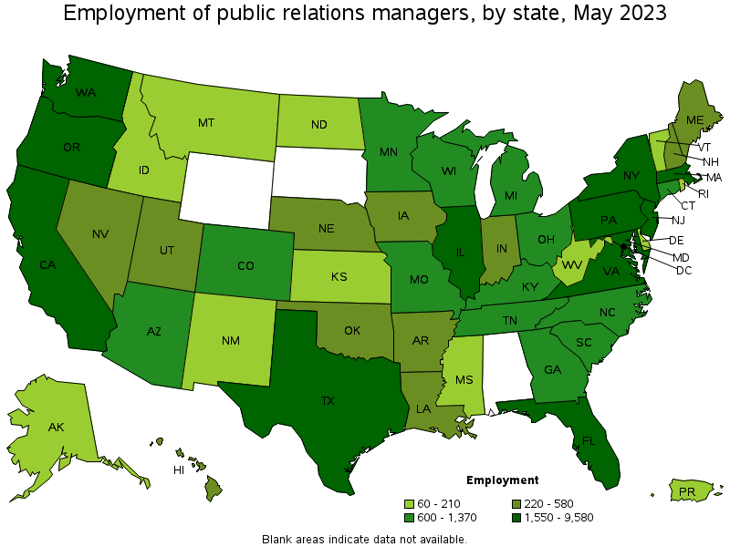 Map of employment of public relations managers by state, May 2022