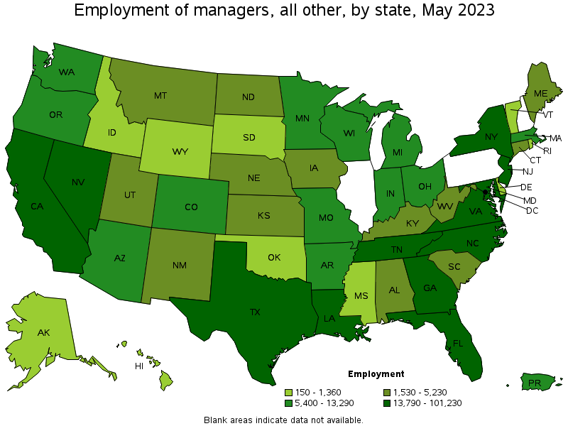 Map of employment of managers, all other by state, May 2021