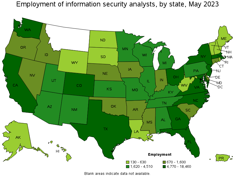 Map of employment of information security analysts by state, May 2021