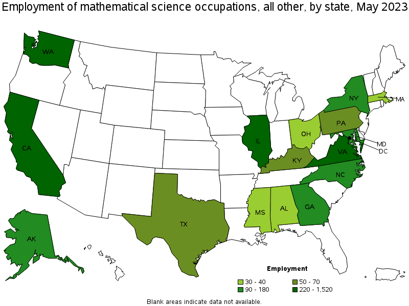 Map of employment of mathematical science occupations, all other by state, May 2021