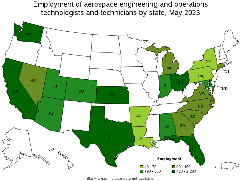 Map of employment of aerospace engineering and operations technologists and technicians by state, May 2021