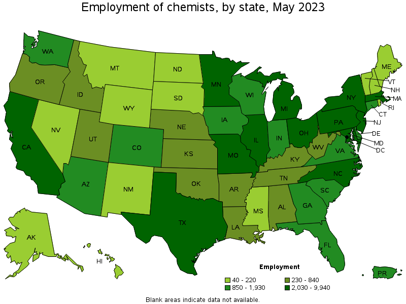 Map of employment of chemists by state, May 2021