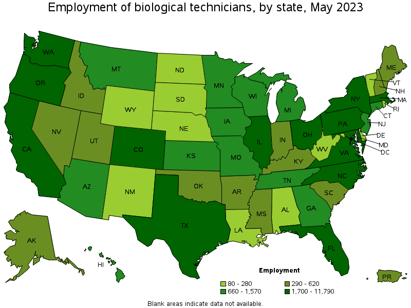 Map of employment of biological technicians by state, May 2021