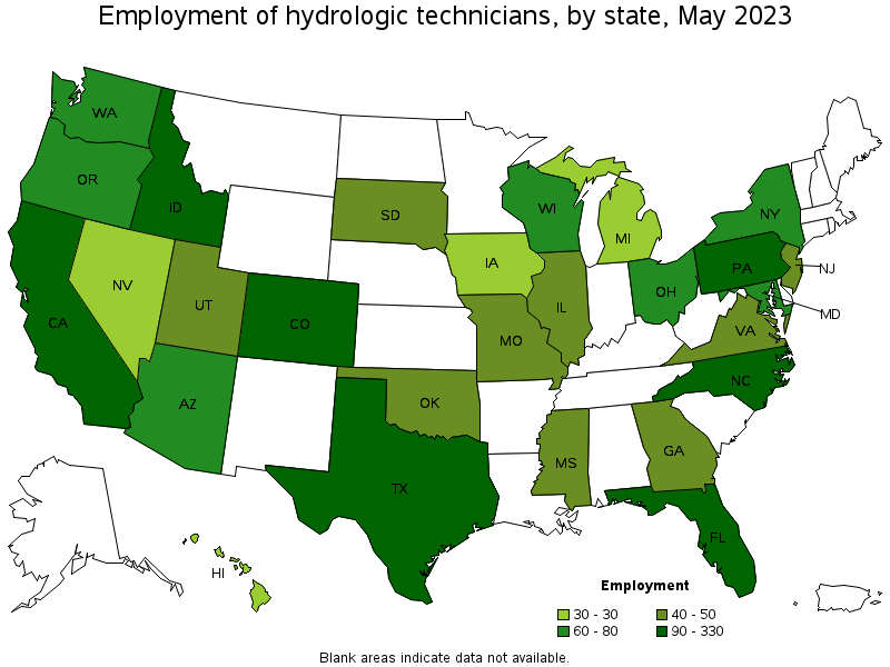 Map of employment of hydrologic technicians by state, May 2021