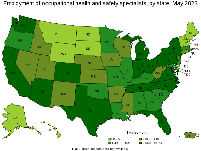 Map of employment of occupational health and safety specialists by state, May 2021