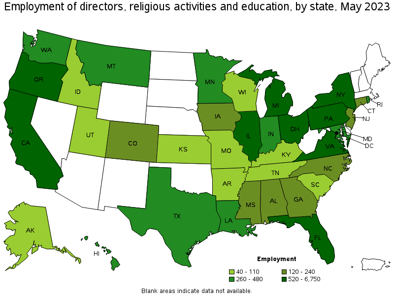 Map of employment of directors, religious activities and education by state, May 2021