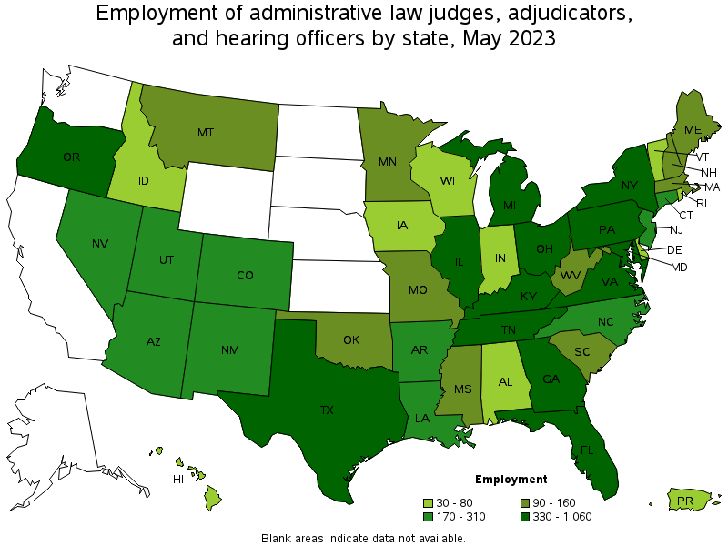Map of employment of administrative law judges, adjudicators, and hearing officers by state, May 2021