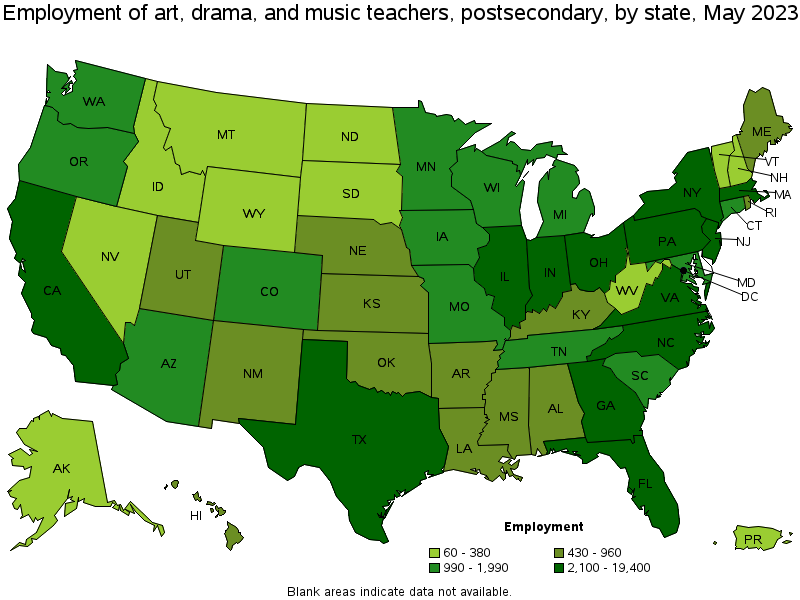 Map of employment of art, drama, and music teachers, postsecondary by state, May 2021